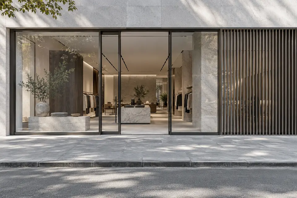 Illustrative aluminium shop front and louvres