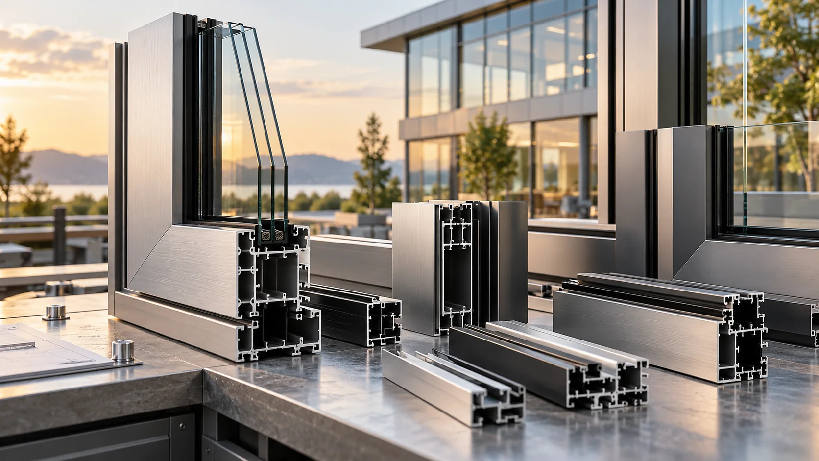 Conceptual display of aluminium profiles and glazing systems