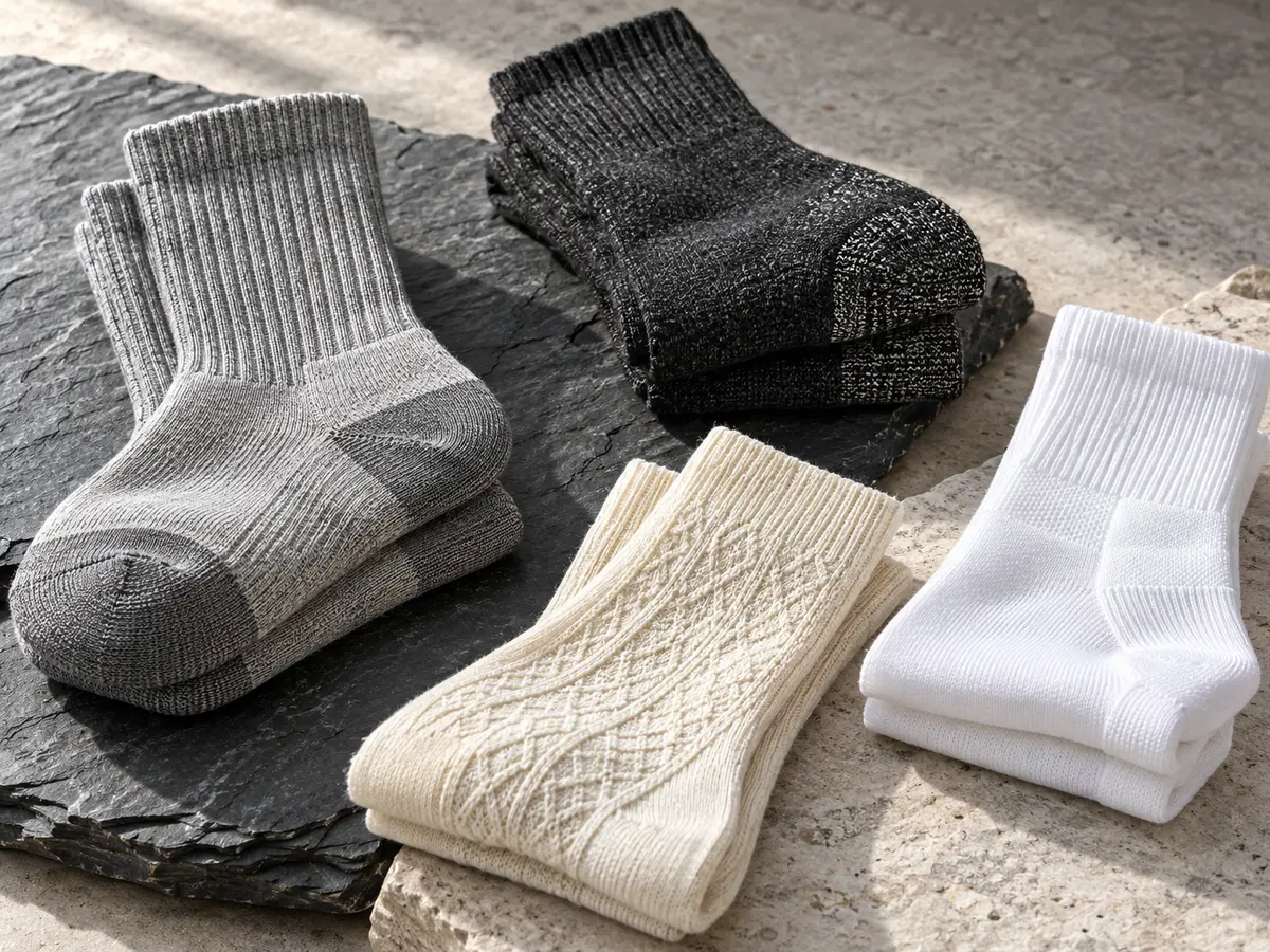 Illustrative assortment of knitted socks showing different textures and uses