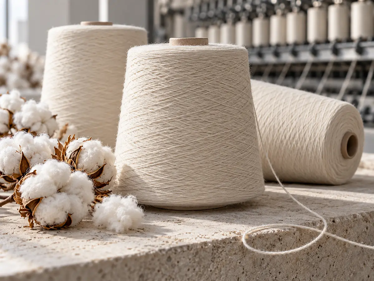 Illustrative cotton and yarn cones with spinning equipment in the background