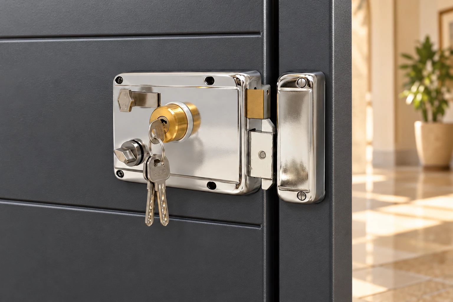 Khas Smart 910B SS/SP mechanical rim lock showcased on a charcoal metal gate
