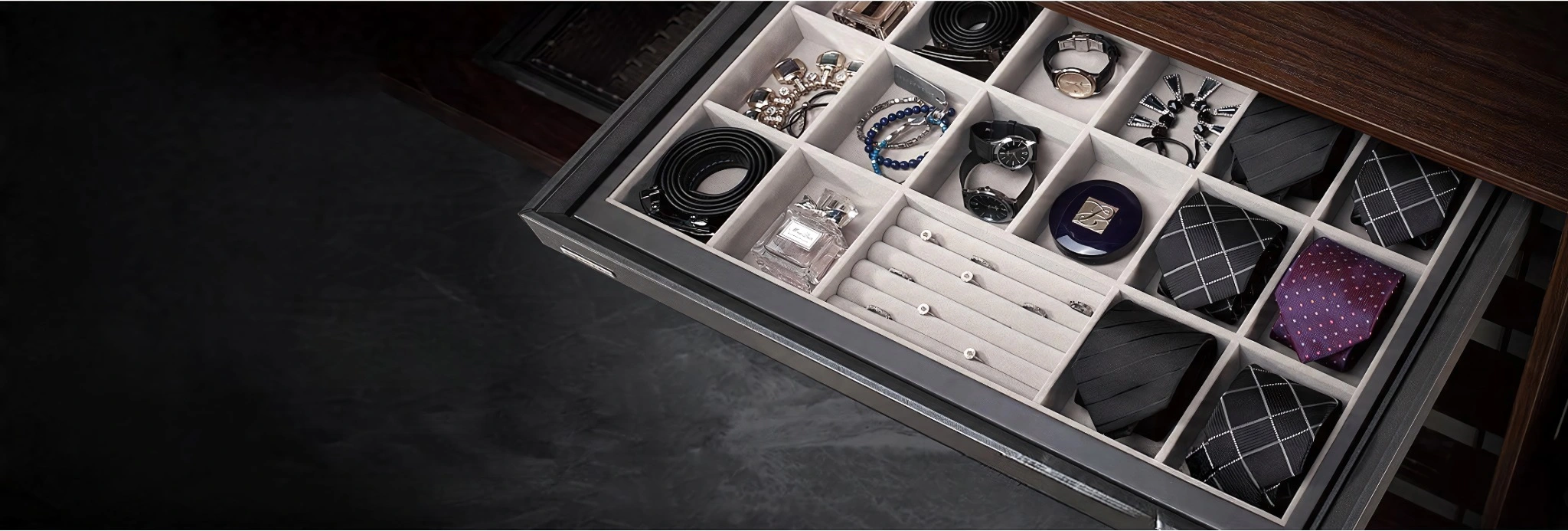 Client-supplied photograph of a pull-out wardrobe organiser with jewellery and accessory compartments