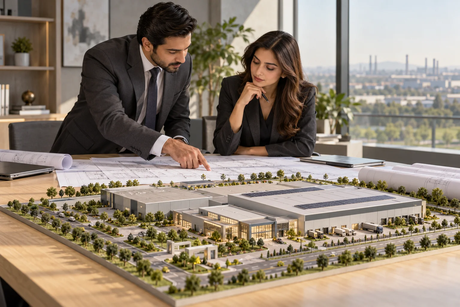 Illustrative planning team reviewing blueprints and a modern industrial facility model