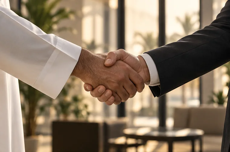Illustrative business partners shaking hands